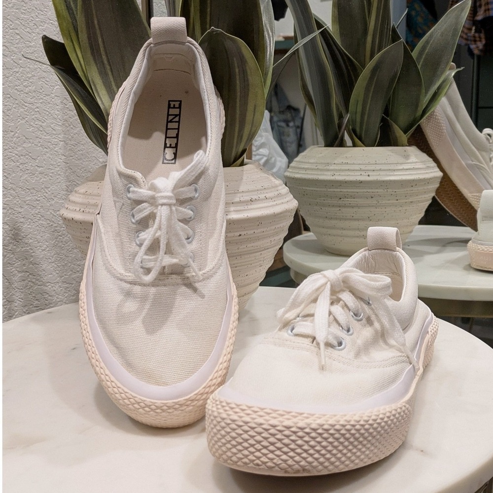 Celine 180 Low Top Canvas Sneakers Women's 40 White‎ Pink Phoebe Philo